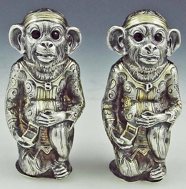 rare antique english silver monket salt and pepper shakers